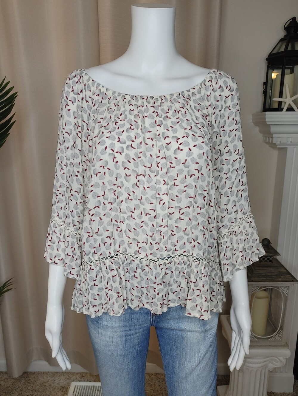 DEMOCRACY CROCHET TRIM CUT OUTS FLORAL PEASANT STYLE TOP, OFF WHITE L